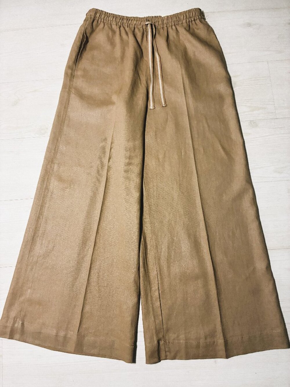 Max Studio Linen Blend Wide Leg Pants Caramel Tan Drawstring Trousers Size L NWT